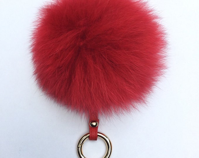 Fur bag charm, fur pom pom keychain, fur ballkeyring purse pendant in red