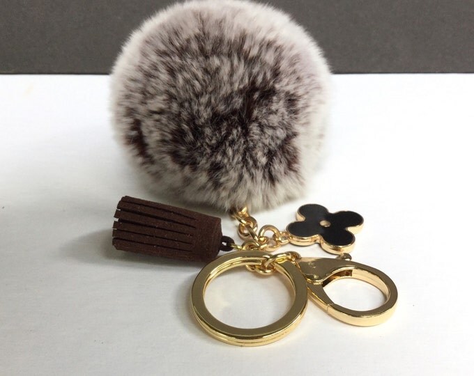 Pom-Perfect Brown frosted REX Rabbit fur pom pom ball with black flower keychain