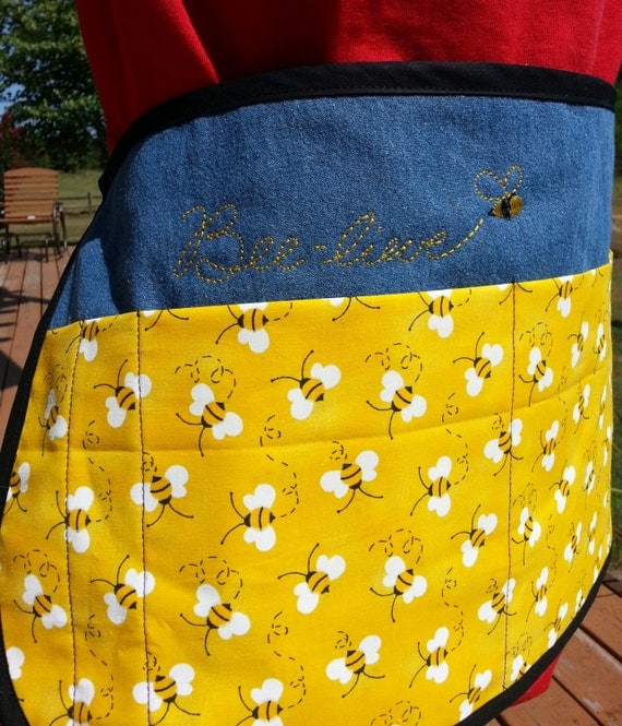 Embroidered Bee-lieve Lined Denim Half Apron - Vendor, Teacher, Waitress, or Gardner