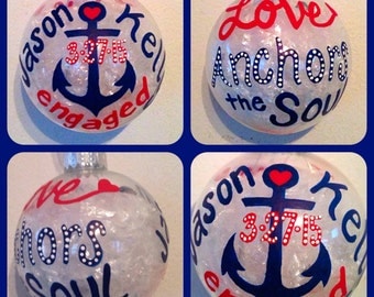 Engagement Christmas Ornament Hand Painted, Love Anchors the Soul Ornaments, Couple's First Christmas Gift, Glass Ball Christmas Ornaments