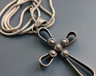 Mexico Vintage Silver Cross Pendant Necklace Cuernavaca Style