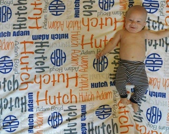 SALE Personalize baby blanket Monogram baby blanket Personalize Swaddle birth announcement Baby Name Blanket Baby Boy Blanket Navy Orange