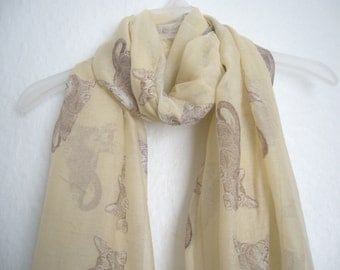 Cat Scarf, Cream And Brown Cat Scarf, For Her, Spring Summer Scarf, Autumn Scarf, Animal Scarf