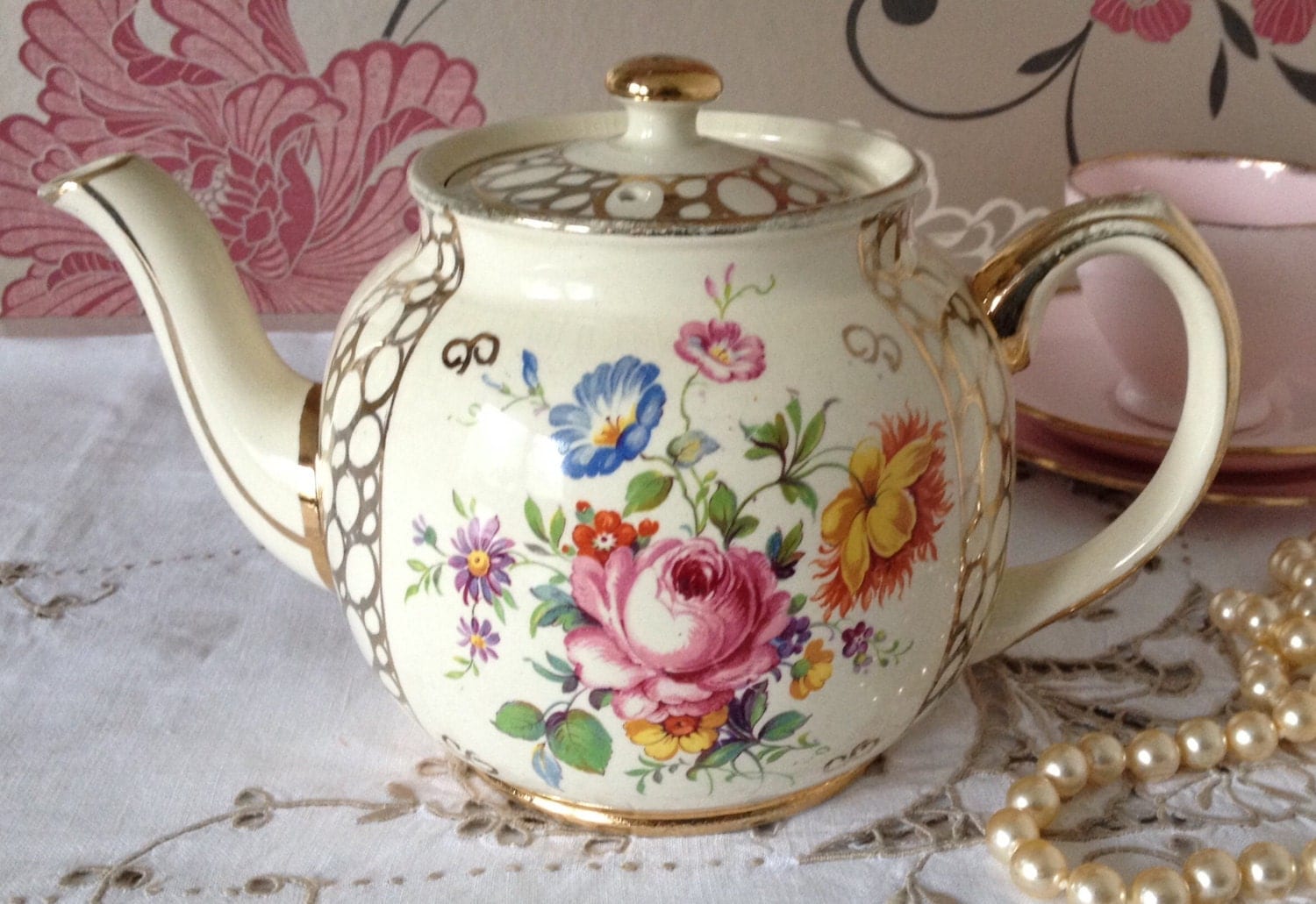 Vintage Sadler Teapot Rose Floral Chintz 1550 Made in England
