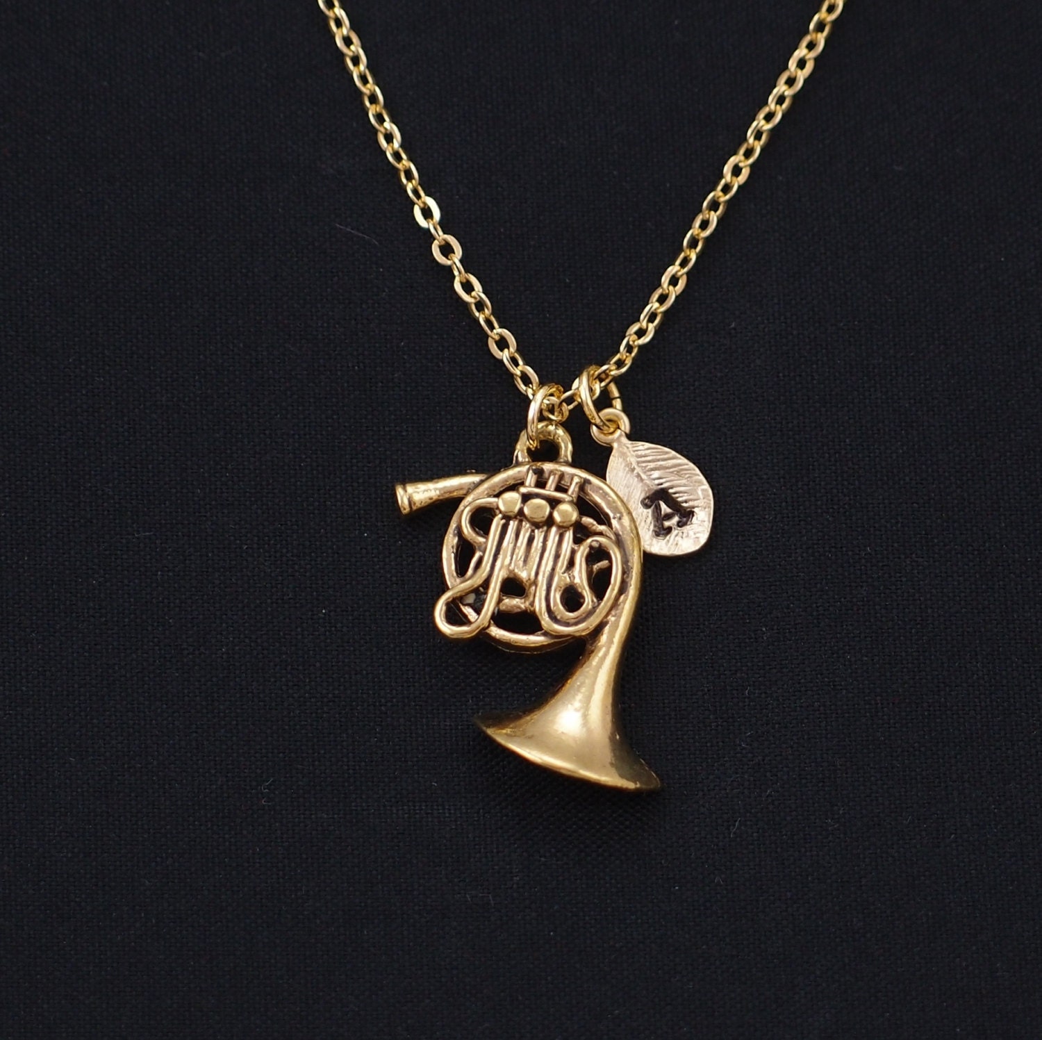 initial necklace french horn necklace gold french horn charm