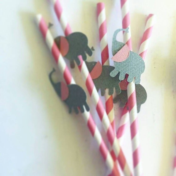 Pink and grey elephant theme paper straws, christening, baby shower, first birthday, safari theme, 1st birthday, childrens birthdays