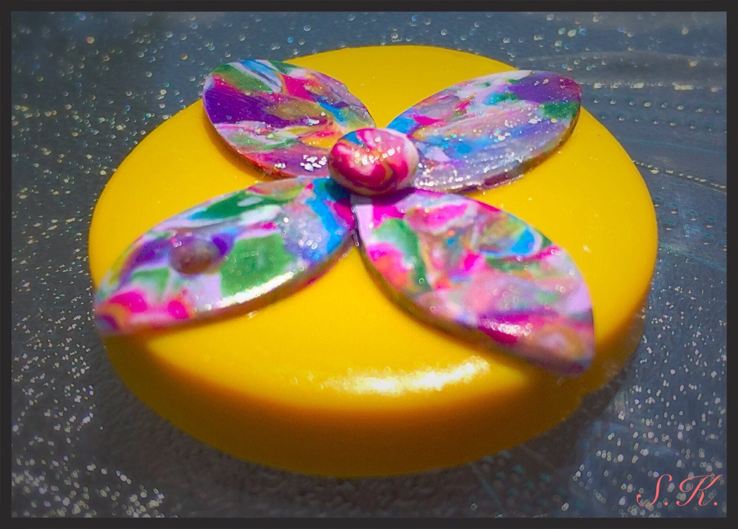 Polymer clay pendant bright polymer rainbow colored center