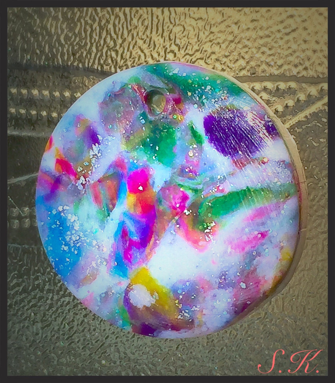 Polymer clay pendant bright multiple rainbow colored hand made