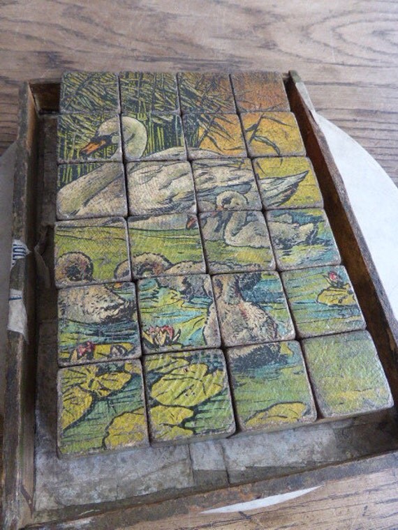 Antique wooden block jigsaw puzzle 6 animal pictures