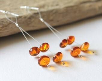 Long amber earrings, Amber jewelry, long earrings, dangle earrings, elegant amber earrings, cognac amber earrings, cognac color earrings