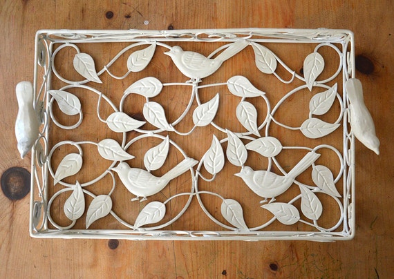 Large White Enamel Serving Tray Enamel Bird Metal by ...