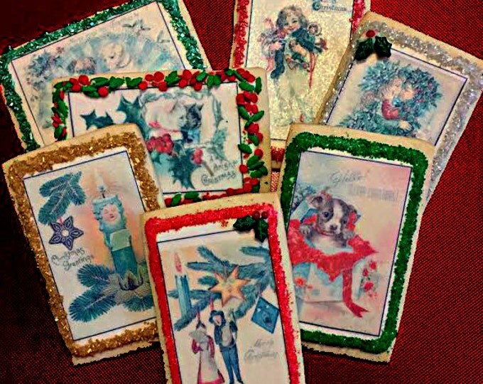 Edible Vintage Pet Christmas Card Cookie Toppers - Wafer Paper or Frosting Sheet
