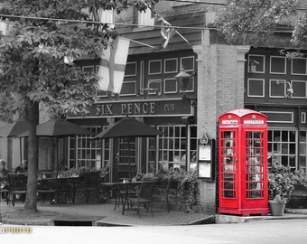 City Photography, City Art, City Print, Savannah Art, Georgia, Black and White, Metal Photos, Color Pop, Selective Color, Six Pence Pub, Red