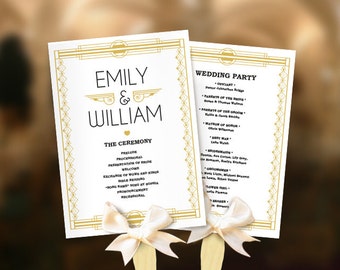 Wedding fans Great Gatsby program template DIY. Roaring twenties fan program. Art deco program. Old Hollywood. Gatsby editable pdf template.