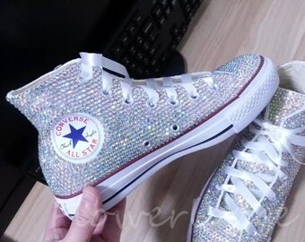Rhinestone Converse Shoes bling converse sparkle AB crystal high top converse sneaker Bridal Flower Girl Sneaker Shoes satin lace ribbon