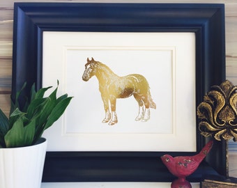 Gold Foil Print, Horse Art, Horse Decor, Farm Animal Prints, kids room art, office wall art