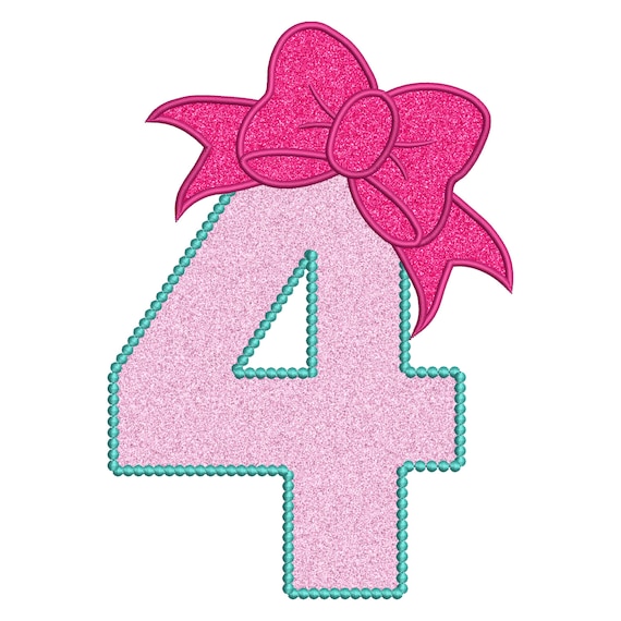 4 Birthday Applique Cute Bow 4th Number by LaughLoveApplique