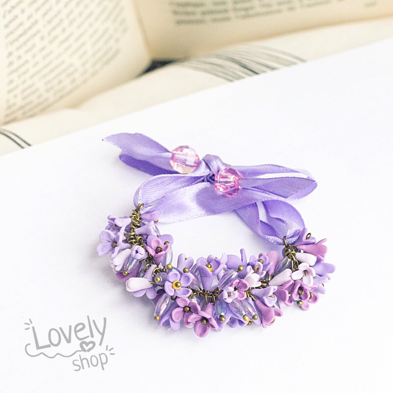 Flower bracelet girl beaded lilac bracelet polymer clay