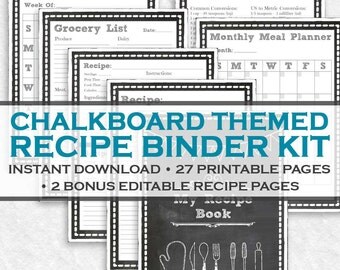 Chalkboard Printable Recipe Binder Kit - 29 Printable Pages! Instant Downloadable Letter Size PDF