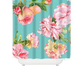 shabby chic shower curtain, rose shower curtain, floral shower curtain, shabby chic bathroom decor, rose decor, aqua and pink shower curtain