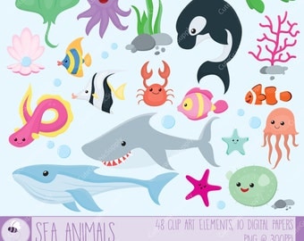 Sea animals clip art set. 48 illustrations, PNG/vector, 6x6 inch and 300ppi (print quality!). 10 digital papers, 12x12 inch, 300ppi. -LN058-