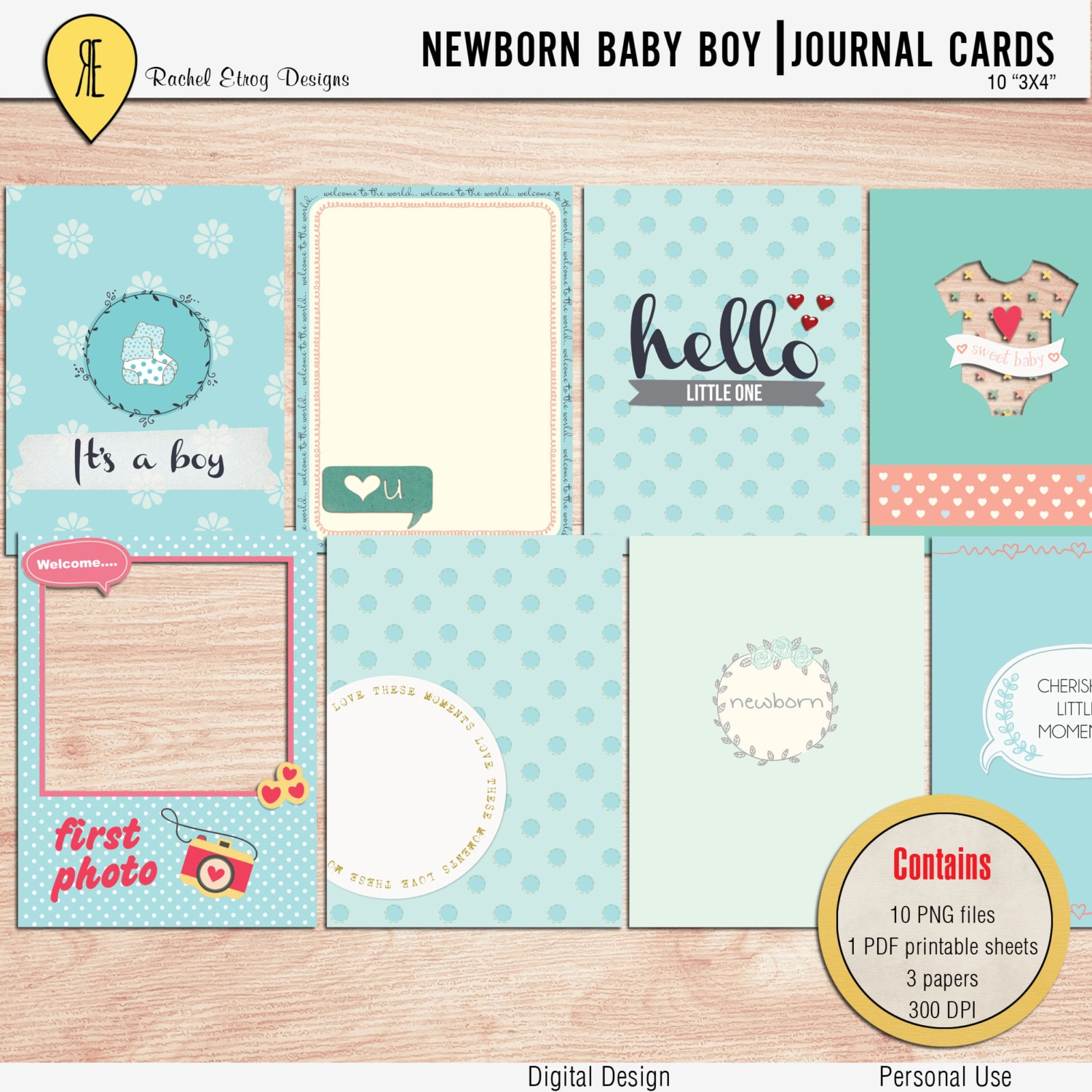 Newborn baby boy Journal Cards Instant Download Printable