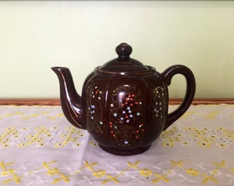 Redware teapot Japan handpainted chocolate brown gold edging