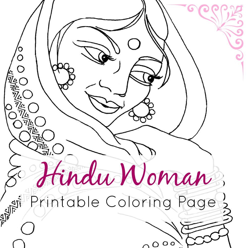 Indian Coloring Page Hindu Woman Portrait Line Art