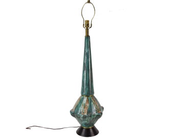 Tall Vintage Mid-Century Modern Mottled Green Pottery Table Lamp