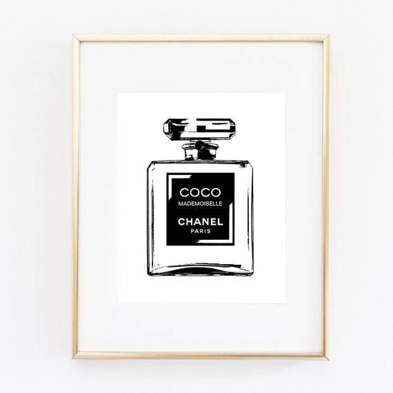 Items similar to Chanel COCO Perfume Bottle Print Color Black and White ...