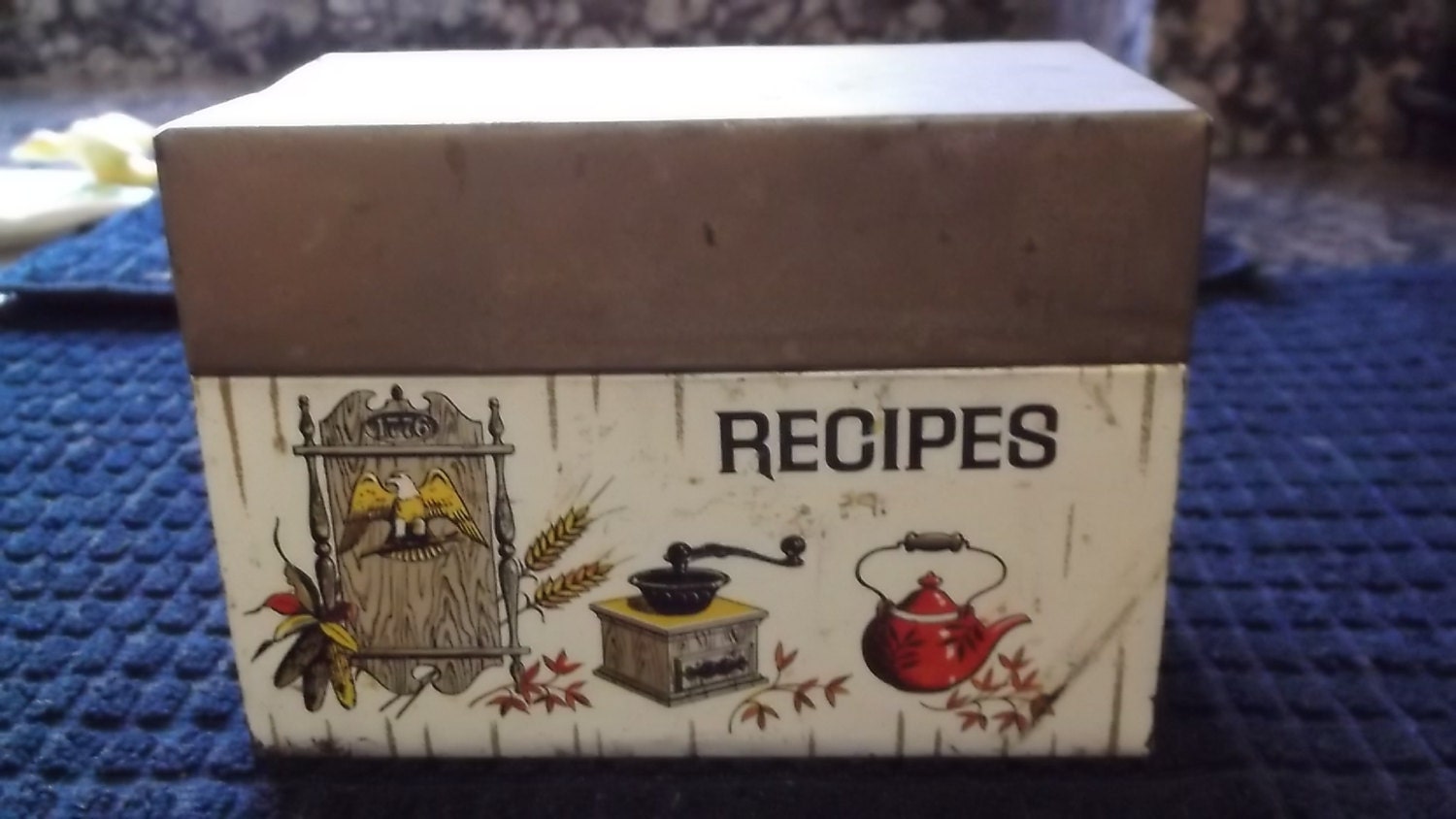 Vintage Metal Recipe File Box, J. Chen & Co. Recipe Box, Vintage Rustic