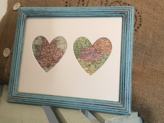 Custom Frames I LOVE TWO CiTIES Vintage Map Print // Heart Map Print of Two Towns // Framed Two Heart Map Print of Dual Nations Countries