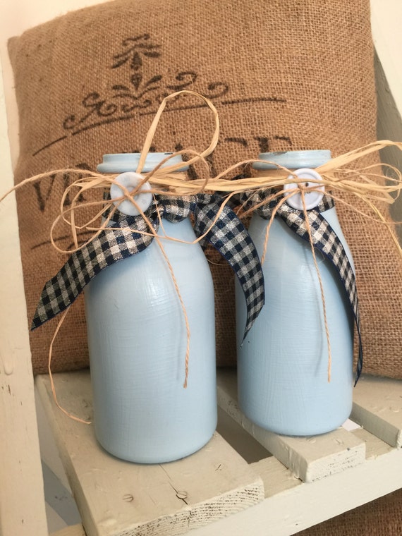 Pair Snow Cap Blue Painted Milk Bottles // Decorative Flower Vessels // Italian Country Table Flower Vessels // Blue Glass Flower Vase