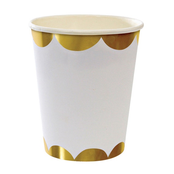 Gold foil scalloped Paper Cups. Set of 8. White and gold