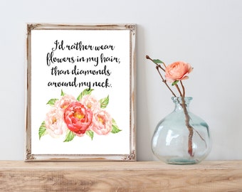 Items similar to I'd Rather Wear Flowers In My Hair // Block Print Art ...