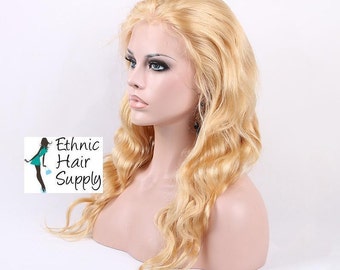 Lace Front 100% Virgin Remy Human Hair Wig with Natural Wave & Honey Blonde Color #27