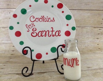 Santa cookie plate with milk glass, santa plate, cookies for Santa, personalized set