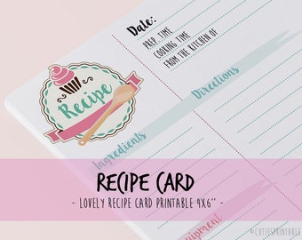 Recipe Card, Shower Recipe Card, Kitchen Recipe Card, Instant Download Recipe 4x6