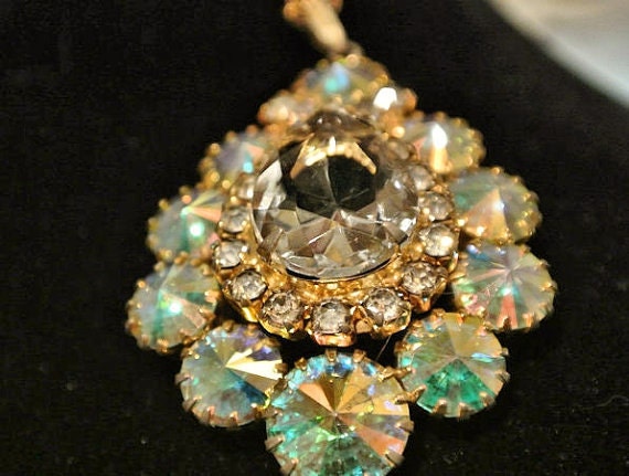 Rhinestone Rivoli Pendant Necklace AB Aurora Borealis Mid Century Vintage Fancy Cut Glass Rhinestones Crystal Teardrop Pear Faceted Center