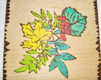 Vintage Poker-Work Leaves Pyrography Wood Burning Art
