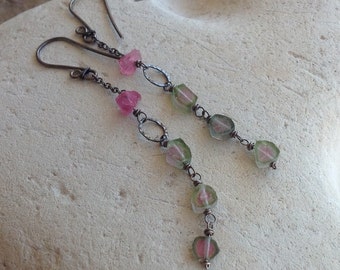 WATERMELON Tourmaline earrings with pink Tourmaline and sterling silver, Raw Tourmaline slices, Angry Hair Jewelry