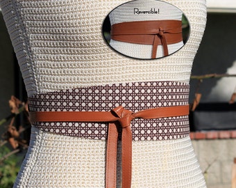 REVERSIBLE Leather And Fabric Belt Obi Wrap Sash - Rattan Cane - XS S M L Petite & Plus Size - choice of custom leather color for reverse