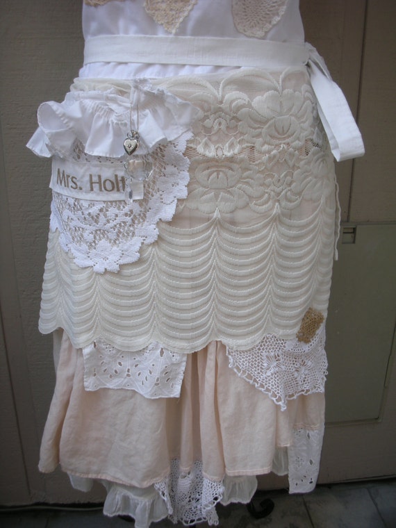 Aprons - Full  Lace White and Creme Apron - Bridal Aprons - Here Comes The Bride Aprons -  Shabby Chic Apron - French Flea Market Chic Apron