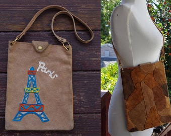 Tour De EIFFEL 1960's 70's Vintage Tan + Brown Suede Leather Patchwork Shoulder Purse with PARIS Felt Patch