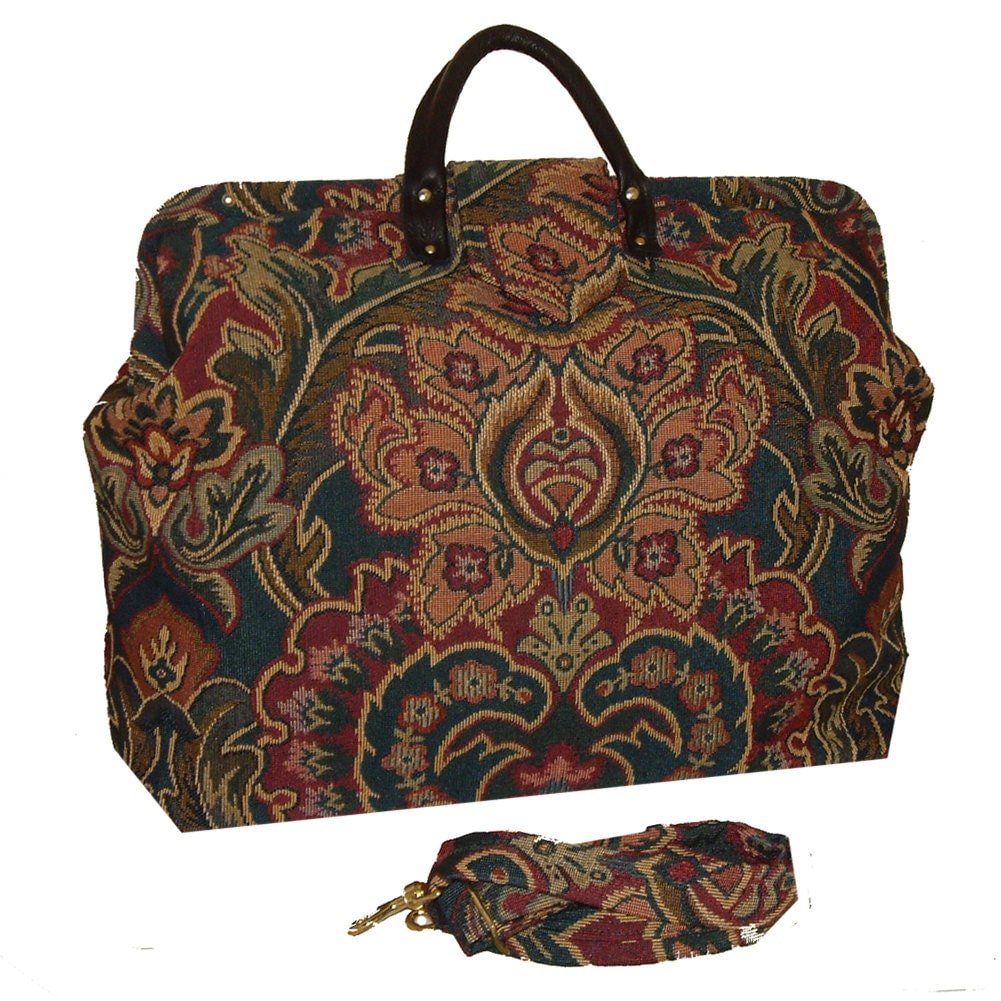 Teal Burgundy & Rose Medallion Tapestry Carpet Bag