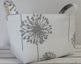 Fabric Organizer Storage Container Bin Basket Diaper Caddy Nursery Decor - Gray Grey Dandelions on White