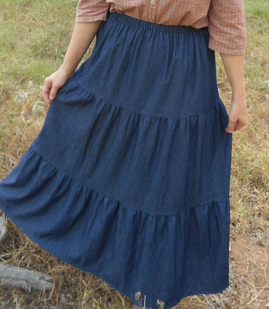 Ladies Denim Tiered Skirt Blue Jean Plus Long Full Tier Custom 7813