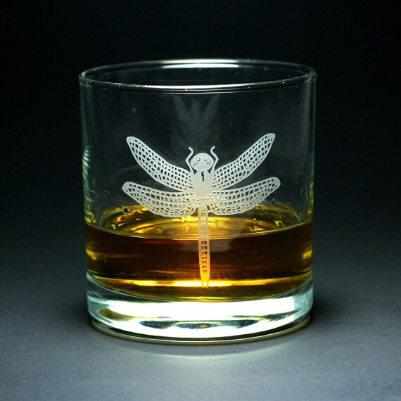 Dragonfly Lowball Glass etched insect whiskey by BreadandBadger