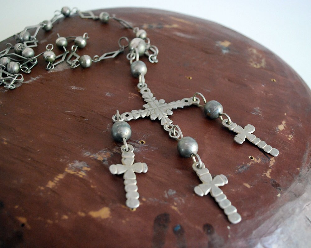 Vintage Mexican Yalalag Cross Wedding Necklace 925 Sterling Silver
