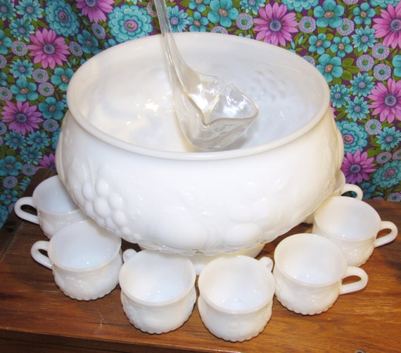Vintage Milk Glass Fruit Embossed Punch Bowl Set